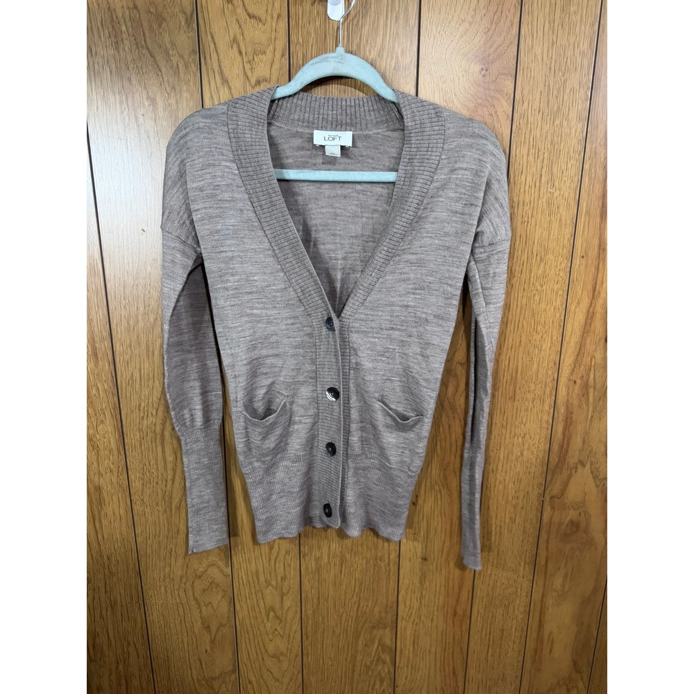 Ann Taylor Loft Wool Blend Cardigan Sweater Taupe Heather XS V-Neck Pockets